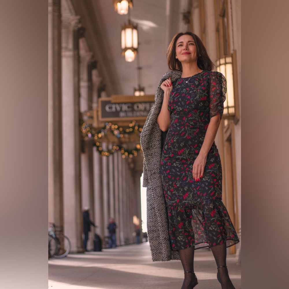 RIHOAS Black Dress with Red and Green Floral Design